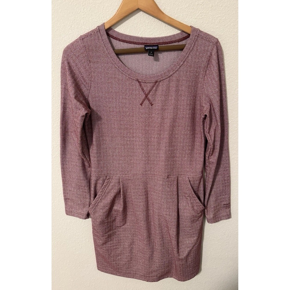 Patagonia Red Herringbone Jacquard Pattern Long Sleeve Dress Pockets Size Medium